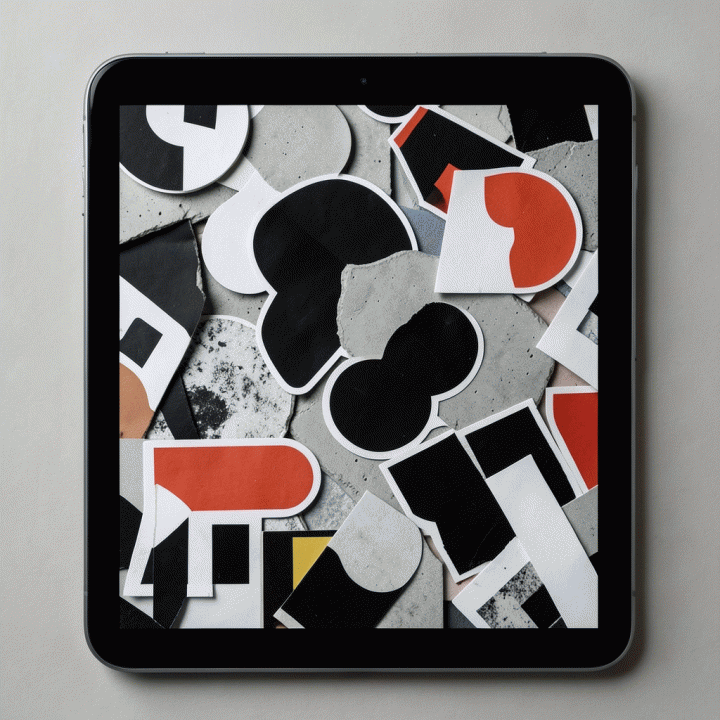 Contoh penerapan stiker dan tipografi Brutalist yang disusun secara kolase di layar tablet digital.