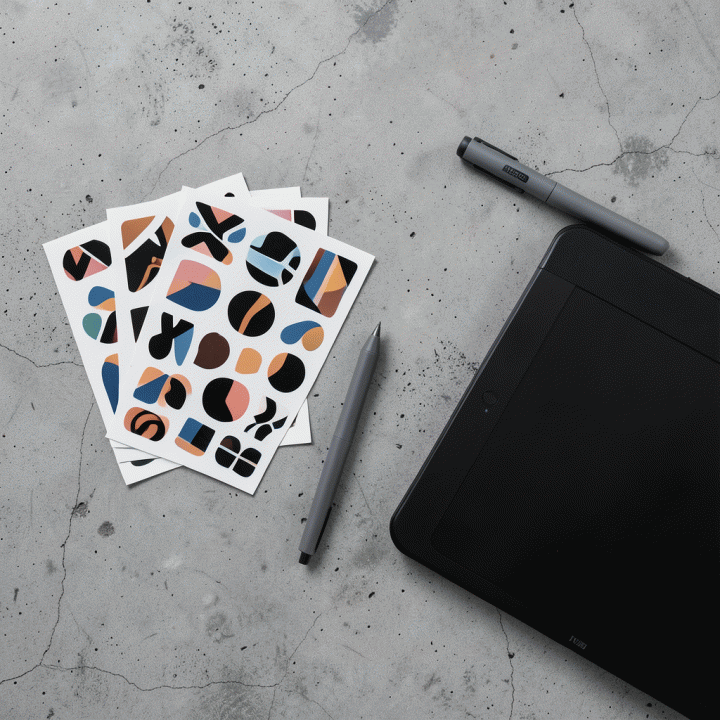 Tampilan flat lay alat desain dan aset stiker premium dengan nuansa Brutalist di atas meja beton.