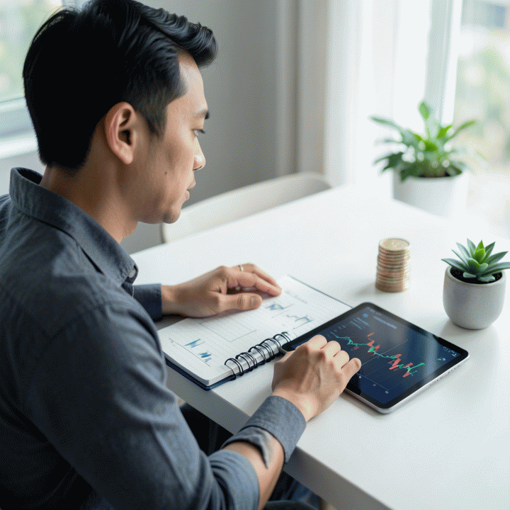 Foto seorang profesional Indonesia di meja kerja yang rapi, menunjukkan peralatan perencanaan keuangan seperti buku catatan, tablet dengan diagram keuangan abstrak, dan koin, melambangkan pengelolaan anggaran bulanan yang terstruktur.