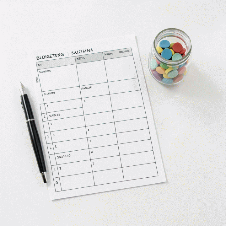 Flat lay minimalis dari peralatan budgeting: planner template, pena, dan token yang mewakili alokasi dana, menunjukkan langkah praktis membuat anggaran.