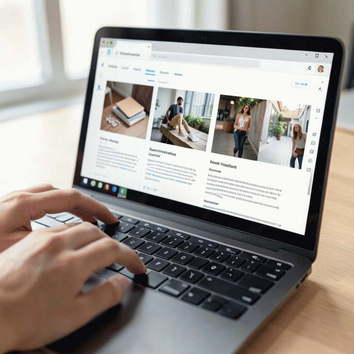 Layar laptop yang menunjukkan antarmuka AI marketing tool yang mudah digunakan untuk menghasilkan berbagai aset visual iklan profesional