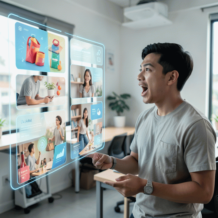 Wirausaha UMKM Indonesia yang antusias melihat aset iklan digital profesional yang dihasilkan oleh AI di layar holografik canggih
