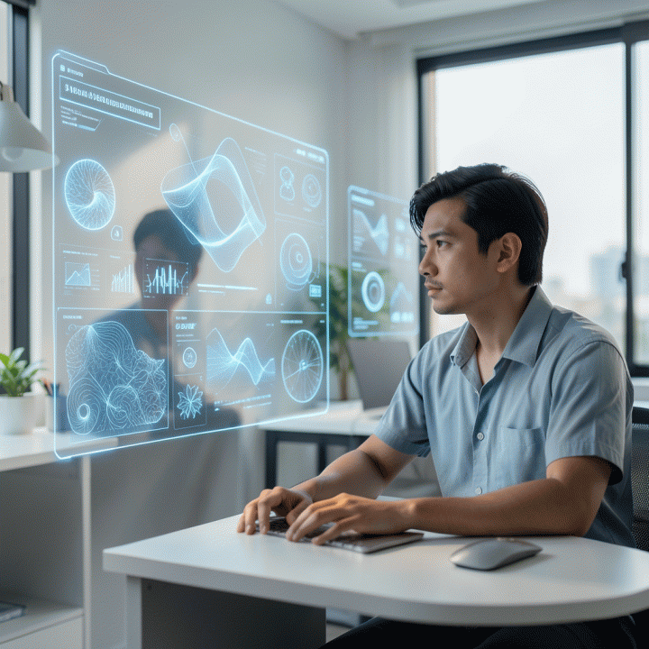 Seorang content creator Indonesia yang bersemangat melihat aset visual digital yang konsisten dan profesional muncul di layar holografik, melambangkan kemudahan pembuatan konten dengan AI.