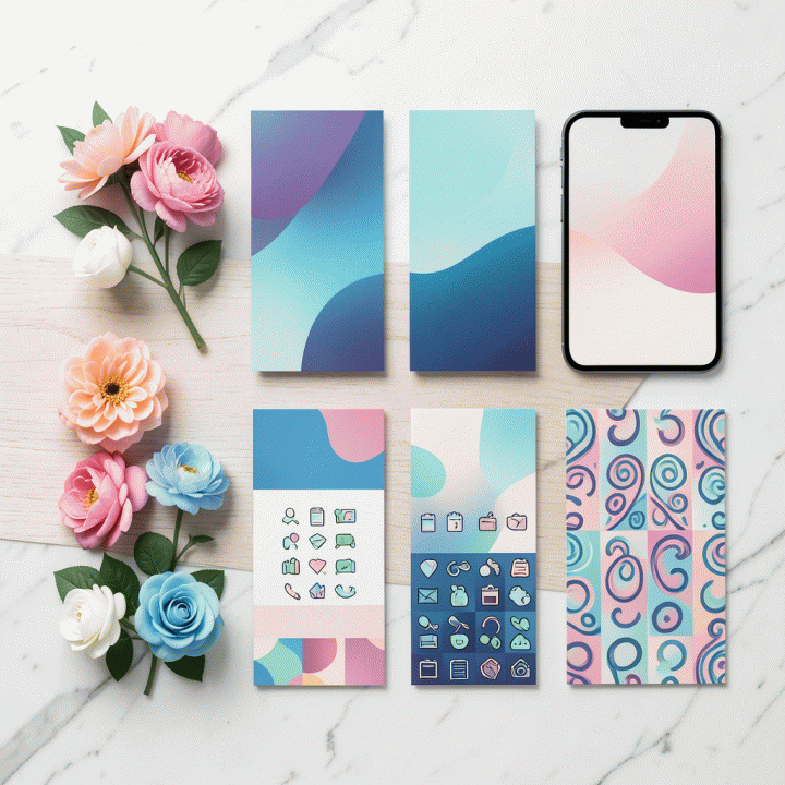 Koleksi aset visual digital siap pakai yang beragam dan profesional (pattern, ikon, gradient) tersusun rapi, melambangkan kecepatan produksi konten.