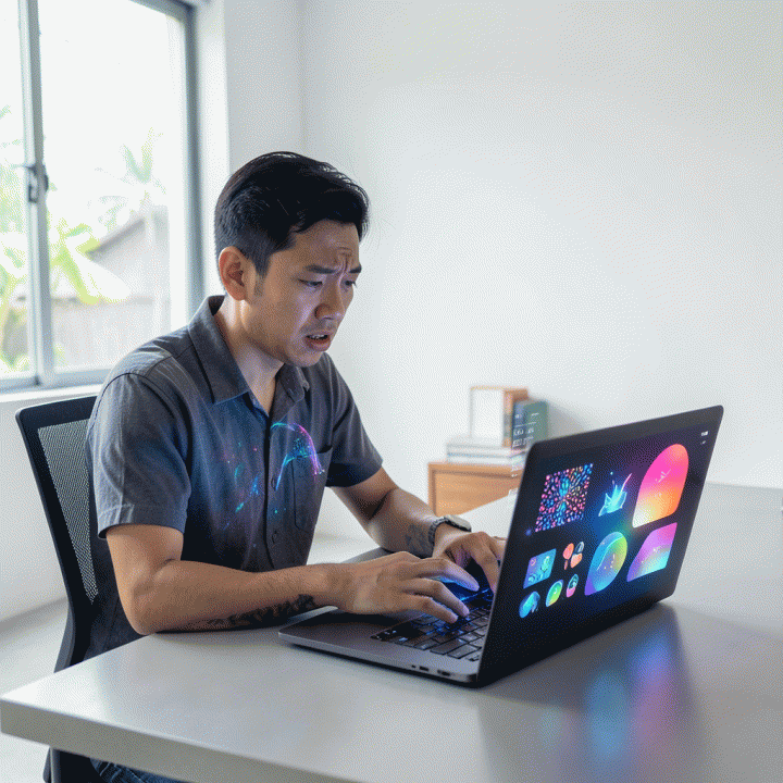 Seorang content creator profesional di studio modern yang menggunakan AI generatif untuk menciptakan aset visual digital yang beragam dan konsisten, menunjukkan peningkatan produktivitas tinggi.