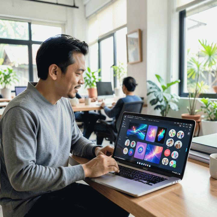 Seorang content creator Indonesia yang tampak percaya diri di depan laptop, menampilkan aset visual digital yang indah dan profesional yang dihasilkan oleh AI.