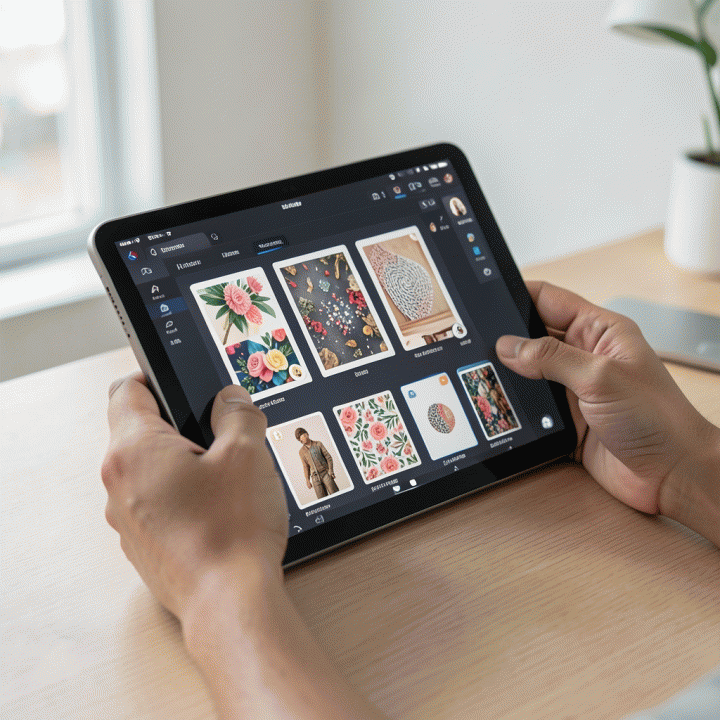 Tangan seseorang yang menggunakan tablet untuk menghasilkan aset visual profesional secara intuitif menggunakan alat AI.