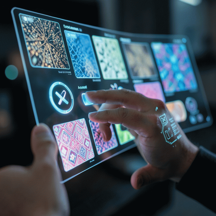 Tangan menggunakan antarmuka holografik futuristik untuk menghasilkan aset visual digital yang beragam dan siap pakai.