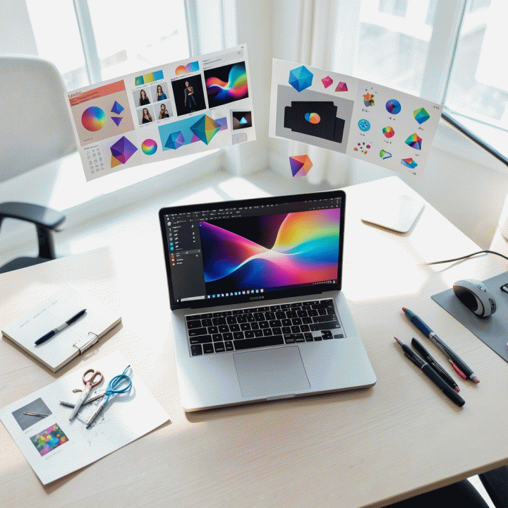 Meja kerja digital yang modern dan profesional dengan aset visual abstrak yang dihasilkan AI, melambangkan kemudahan membuat desain profesional tanpa skill.