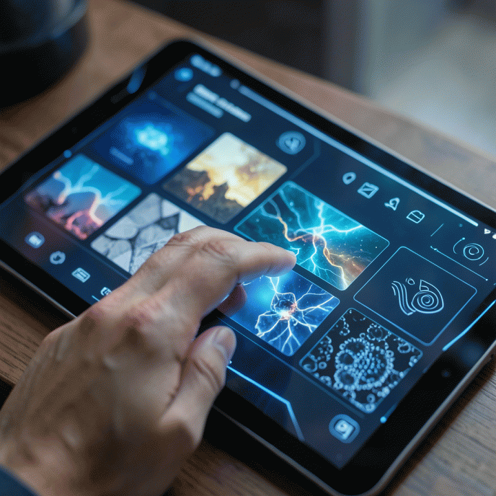 Tangan yang menggunakan antarmuka AI pada tablet untuk menghasilkan berbagai aset visual profesional secara instan.
