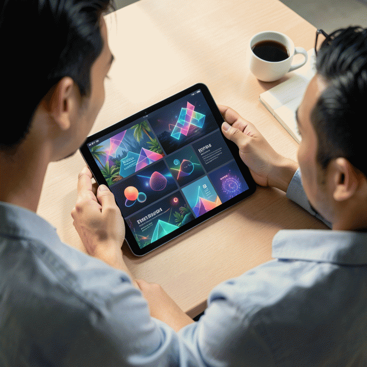 Seorang content creator menggunakan tablet di meja kerja minimalis, menghasilkan aset visual profesional dan abstrak menggunakan AI, menunjukkan proses kreatif yang mudah dan cepat.