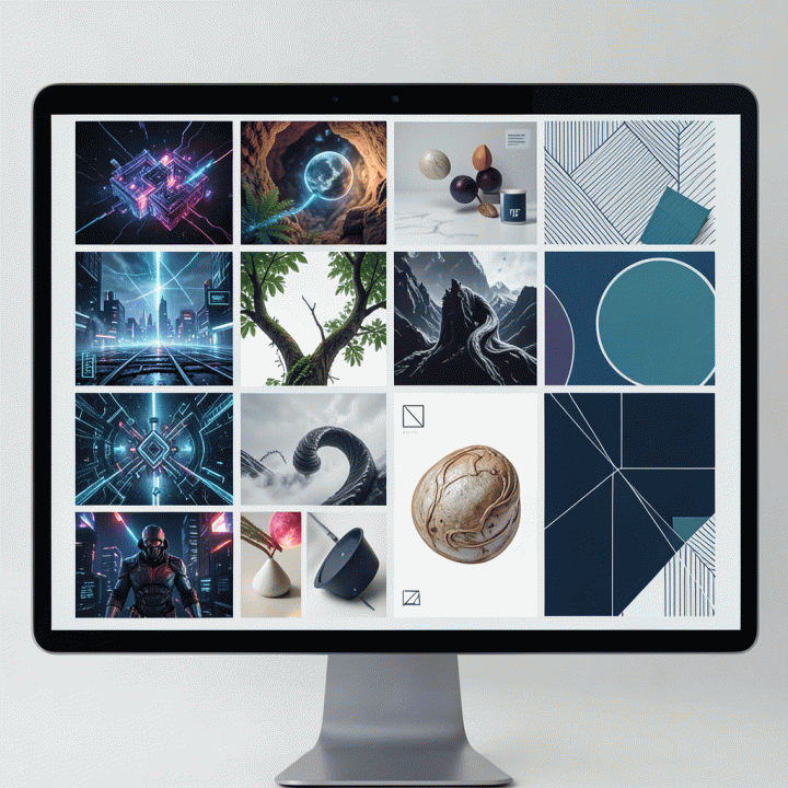 Mood board digital yang menampilkan tren desain visual tahun 2026, mulai dari elemen organik hingga gaya futuristik yang profesional.