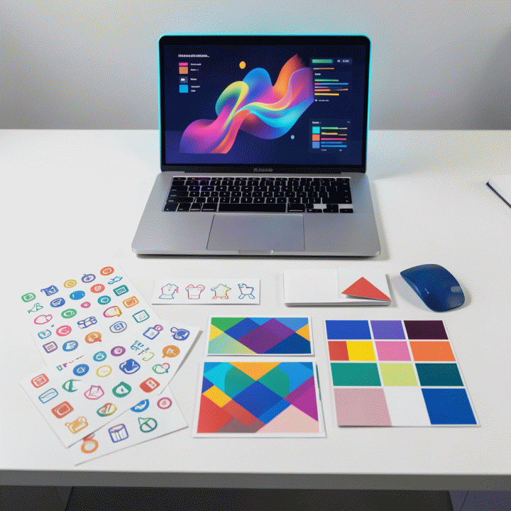 Komposisi flat lay aset visual digital profesional yang terorganisasi dan modern, menunjukkan kemudahan pembuatan aset desain menggunakan AI.