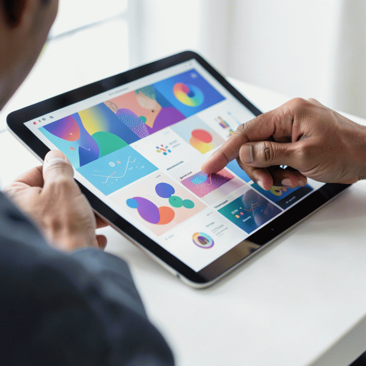 Tangan profesional yang menggunakan tablet/laptop untuk menghasilkan aset visual kreatif dan terorganisir menggunakan AI, menyoroti kemudahan penggunaan.