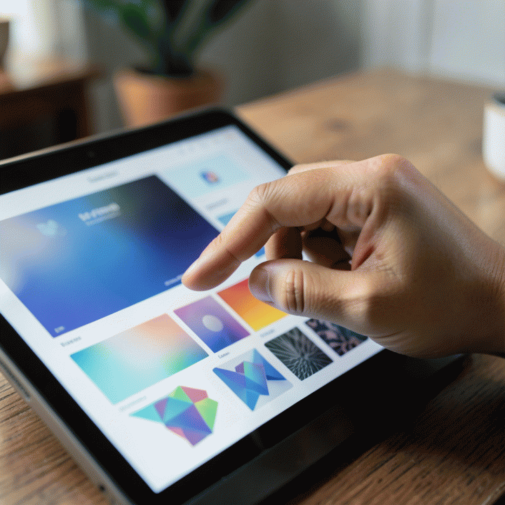 Tangan yang sedang berinteraksi dengan antarmuka AI di tablet, menampilkan aset visual siap pakai yang menunjukkan kemudahan dan kecepatan dalam pembuatan desain.