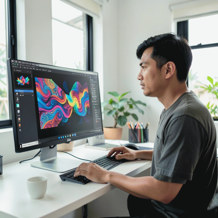 Seorang content creator di studio modern Indonesia yang tampak percaya diri, bekerja di depan monitor yang menampilkan berbagai aset visual digital yang dihasilkan AI, melambangkan kemudahan membuat konten profesional.