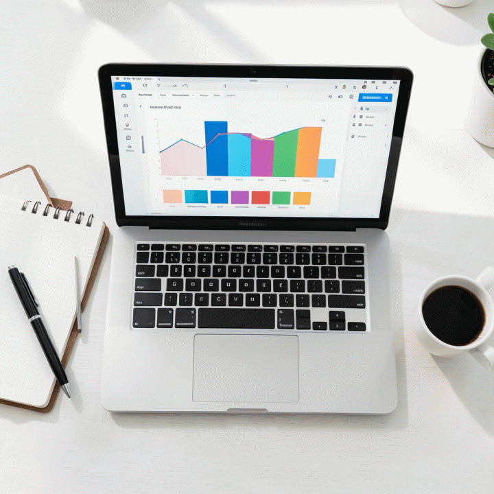 Tampilan atas meja kerja yang rapi dan modern, dengan laptop menampilkan dashboard AI yang abstrak, menunjukkan alur kerja yang efisien untuk content creator.