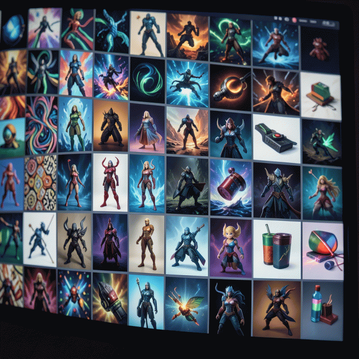 Tampilan detail aset visual berkualitas tinggi dan beragam yang dihasilkan AI dalam format grid digital.