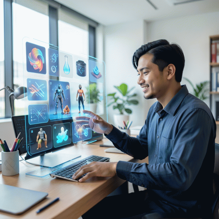 Seorang profesional muda Indonesia yang tampak percaya diri menggunakan antarmuka AI holografik di meja kerja modern, menghasilkan berbagai aset visual profesional secara mudah.