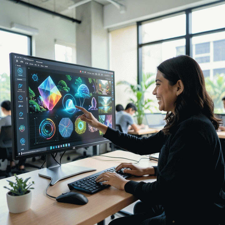 Seorang content creator di ruang kerja modern menggunakan alat AI desain canggih untuk menghasilkan aset visual profesional secara cepat dan mudah.
