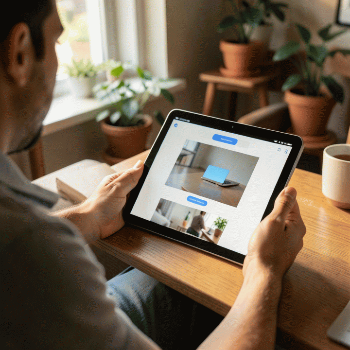 Pengguna dengan mudah membuat aset visual profesional hanya dengan mengetikkan ide di antarmuka AI pada tablet.
