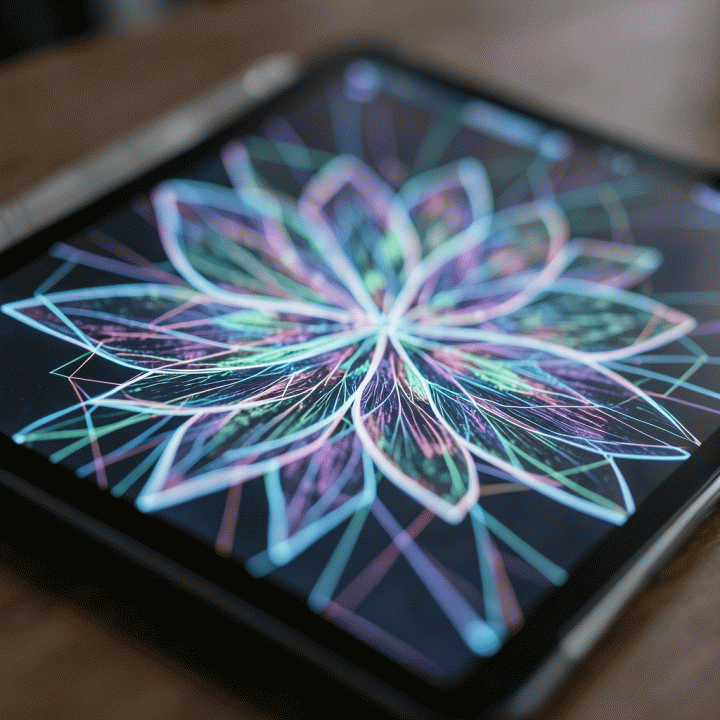 Visual aset digital abstrak dan profesional yang dihasilkan oleh AI, ditampilkan di tablet.