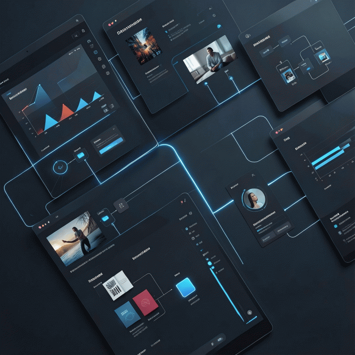 Representasi visual dashboard AI yang menunjukkan alur kerja kreatif yang sangat efisien dan otomatis.
