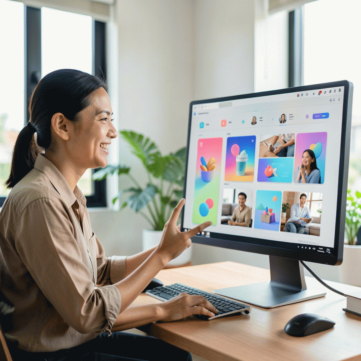 Seorang pemilik UMKM Indonesia yang percaya diri menggunakan antarmuka AI modern untuk menghasilkan variasi konten iklan digital skala besar secara otomatis, menunjukkan kemudahan pemasaran tanpa keahlian desain.