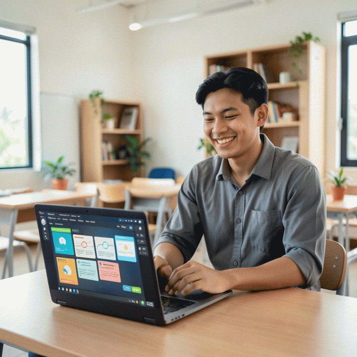 Seorang guru profesional menggunakan laptop dengan bantuan AI untuk membuat materi ajar dan lesson plan interaktif, menciptakan suasana mengajar yang efisien di ruang kelas modern.