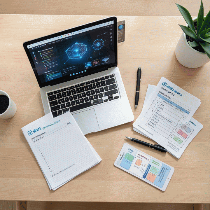 Pengaturan meja kerja yang menunjukkan efisiensi pembuatan materi ajar (worksheet dan kuis) menggunakan AI di samping laptop.