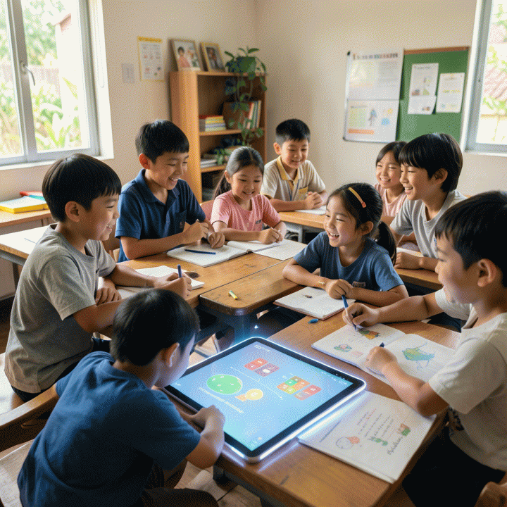 Guru dan siswa Indonesia belajar dengan materi ajar interaktif yang dihasilkan secara efisien menggunakan teknologi AI di ruang kelas modern.