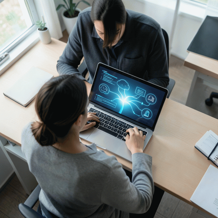 Tangan seorang guru sedang menggunakan perangkat digital untuk membuat materi belajar dengan cepat dan efisien.
