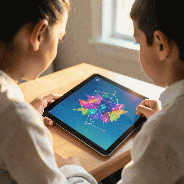 Guru dan siswa berkolaborasi menggunakan tablet yang menampilkan materi belajar interaktif yang dihasilkan AI.