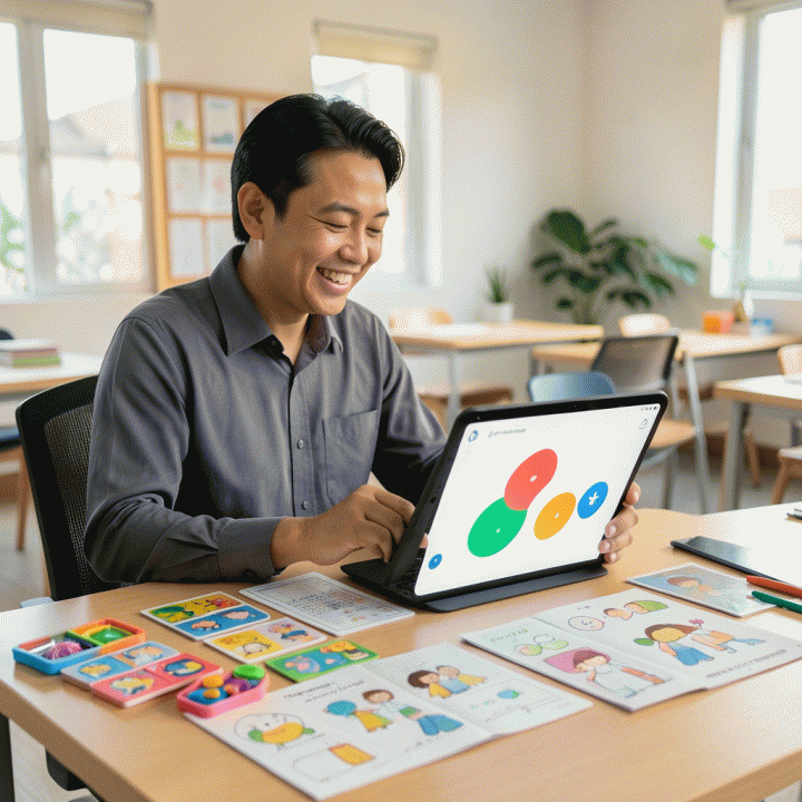 Guru Indonesia tersenyum percaya diri di meja kerja modern, dikelilingi materi belajar anak yang menarik dan efisien, dengan tablet AI yang menunjukkan antarmuka edukasi abstrak.