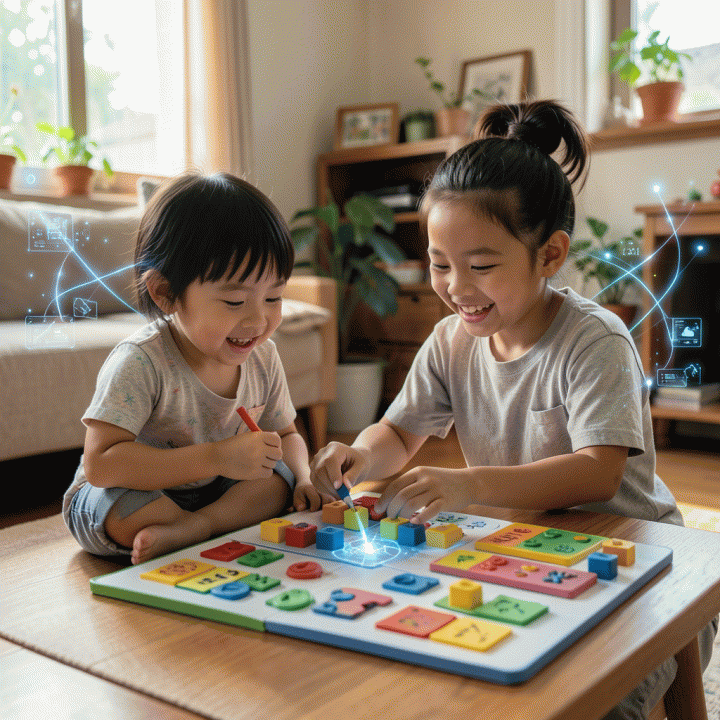 Orang tua dan anak menikmati proses belajar yang menyenangkan menggunakan materi edukasi yang dibuat dengan bantuan AI di rumah.