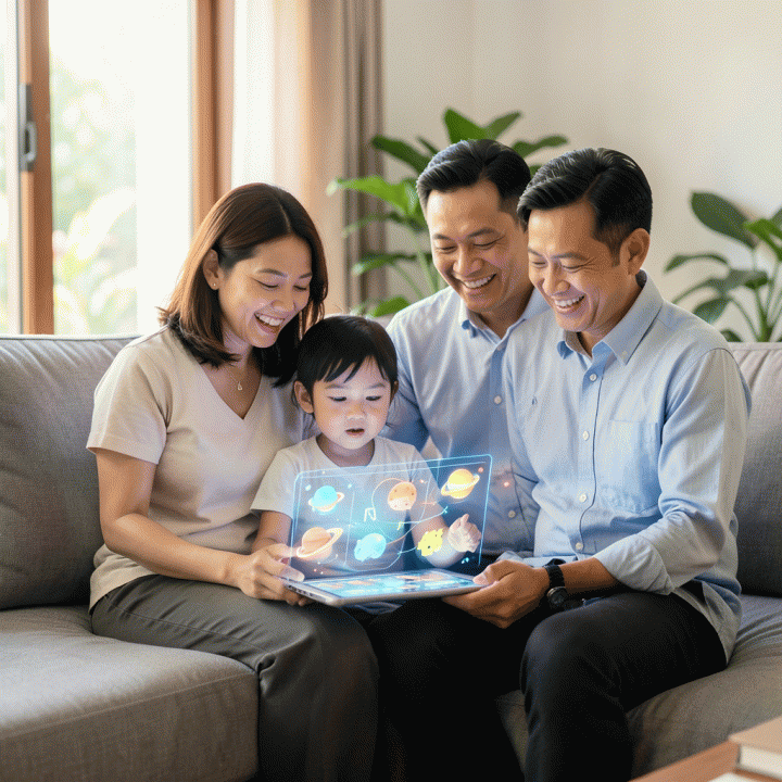 Gambar keluarga Indonesia yang bahagia dan modern, di mana anak kecil berinteraksi dengan materi belajar holografik yang dihasilkan AI, menunjukkan kemudahan dan efisiensi bagi orang tua dan guru.
