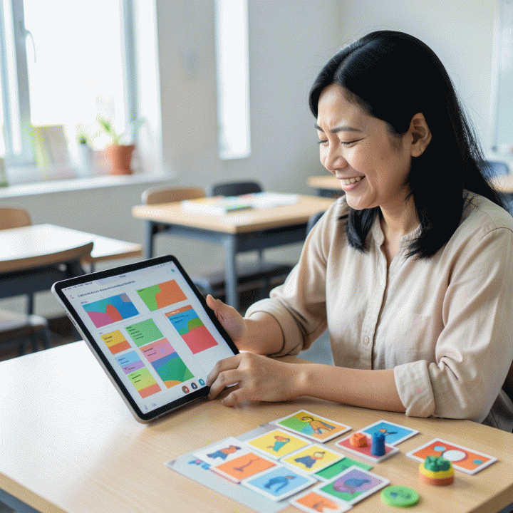 Seorang guru Indonesia yang tersenyum dan efisien menggunakan tablet untuk merencanakan materi ajar di kelas modern, menunjukkan penghematan waktu.
