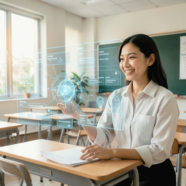 Guru Indonesia modern menggunakan bantuan antarmuka hologram AI untuk merancang modul ajar pembelajaran secara efisien di dalam kelas yang cerah.