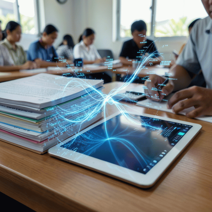 Perbandingan antara tumpukan materi ajar fisik yang berubah menjadi aliran data digital di layar tablet, menunjukkan efisiensi AI.