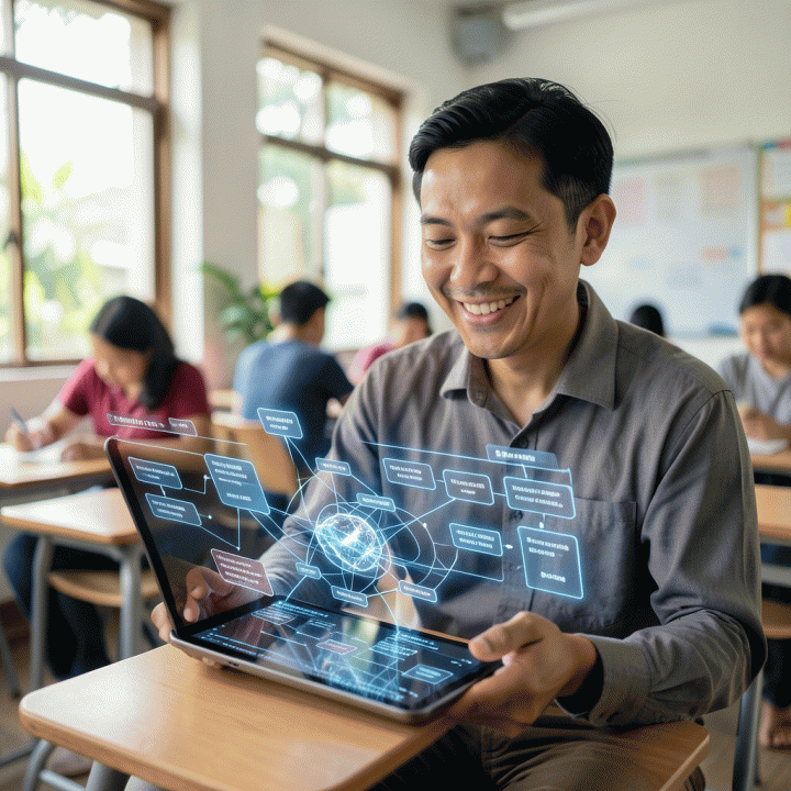 Seorang guru Indonesia tampak produktif dan lega menggunakan tablet yang memproyeksikan antarmuka AI holografik yang menampilkan struktur lengkap modul ajar, RPP, dan kuis pembelajaran.