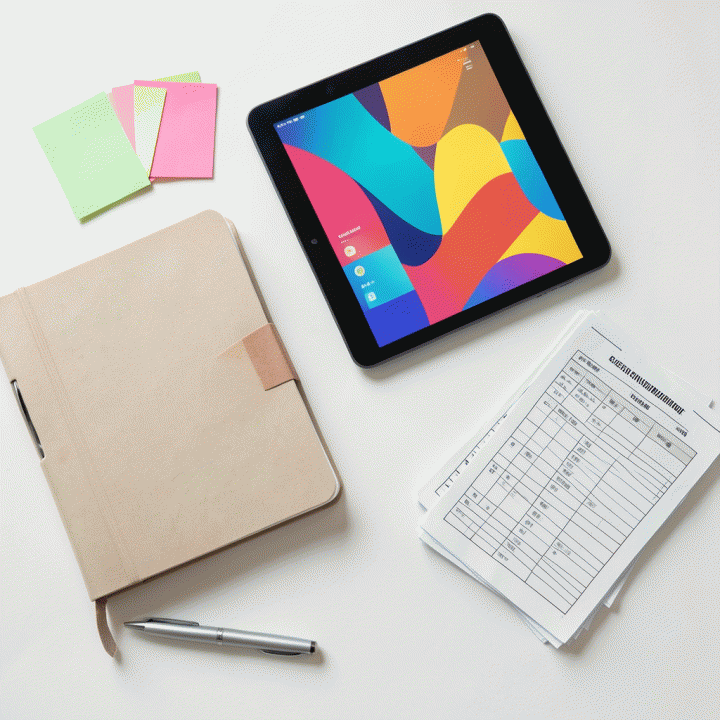 Susunan alat kerja guru yang modern dan terorganisir: tablet digital, buku catatan, dan perlengkapan belajar lainnya, melambangkan efisiensi persiapan mengajar.