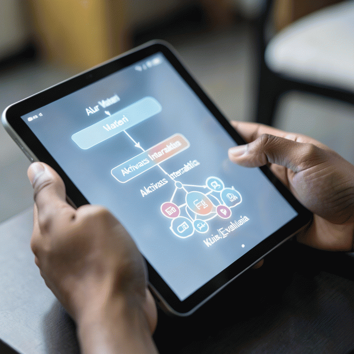 Tangan guru berinteraksi dengan tablet yang menampilkan diagram alur kerja visual dari modul ajar, menunjukkan langkah-langkah dari materi inti hingga evaluasi.