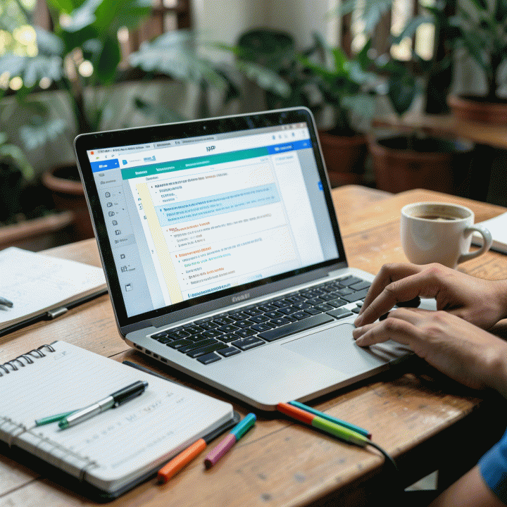 Meja kerja guru yang rapi dengan laptop menampilkan RPP digital hasil AI, menciptakan suasana belajar yang profesional dan modern.
