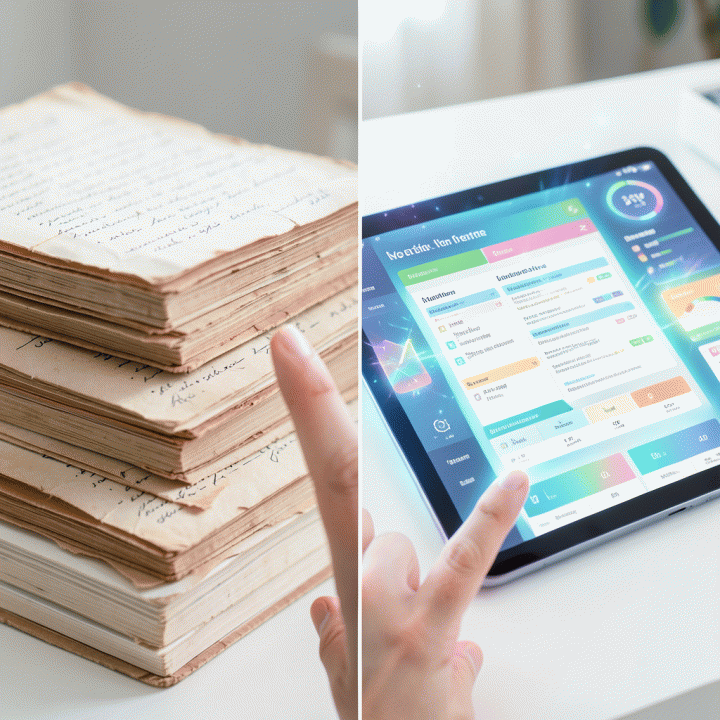 Visual perbandingan antara proses menyusun materi secara manual (kiri) vs. menggunakan AI (kanan), menunjukkan efisiensi luar biasa.