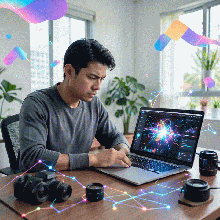 Seorang content creator profesional di meja kerja modern menggunakan laptop yang menampilkan antarmuka desain AI yang cerah dan canggih, melambangkan pembuatan thumbnail YouTube yang cepat dan profesional.