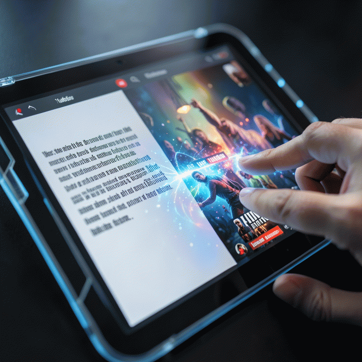 Tangan pengguna berinteraksi dengan tablet yang menunjukkan proses otomatisasi teks menjadi desain thumbnail yang menarik menggunakan AI.
