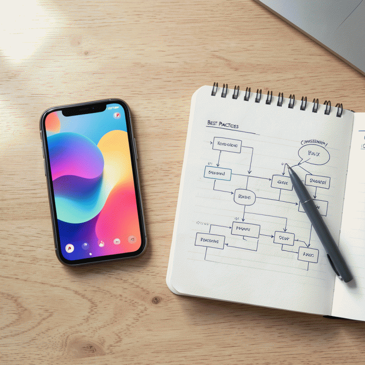 Komposisi flat lay yang menunjukkan elemen-elemen branding dan konsistensi visual untuk konten YouTube, menekankan perencanaan desain yang terstruktur.