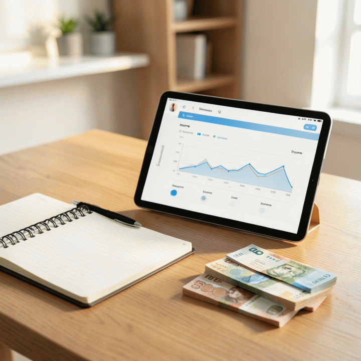 Pengaturan keuangan yang rapi di atas meja kerja modern, menampilkan catatan fisik, uang tunai rupiah, dan tablet digital yang menunjukkan antarmuka perencanaan anggaran sederhana.