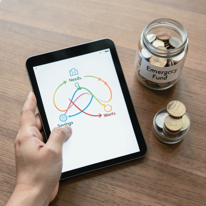 Tangan yang menggunakan tablet digital untuk melacak dan mengalokasikan dana ke dalam kategori anggaran keuangan yang berbeda.