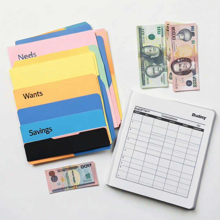 Foto datar alat-alat penganggaran: amplop pembagi kategori dan buku template anggaran dengan uang tunai Rupiah di sekitarnya yang tersusun rapi.